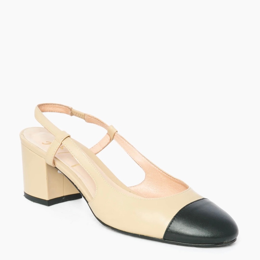 French Sole Black and Beige Leather Baton Heels 9 1/2 Excellent Condition.